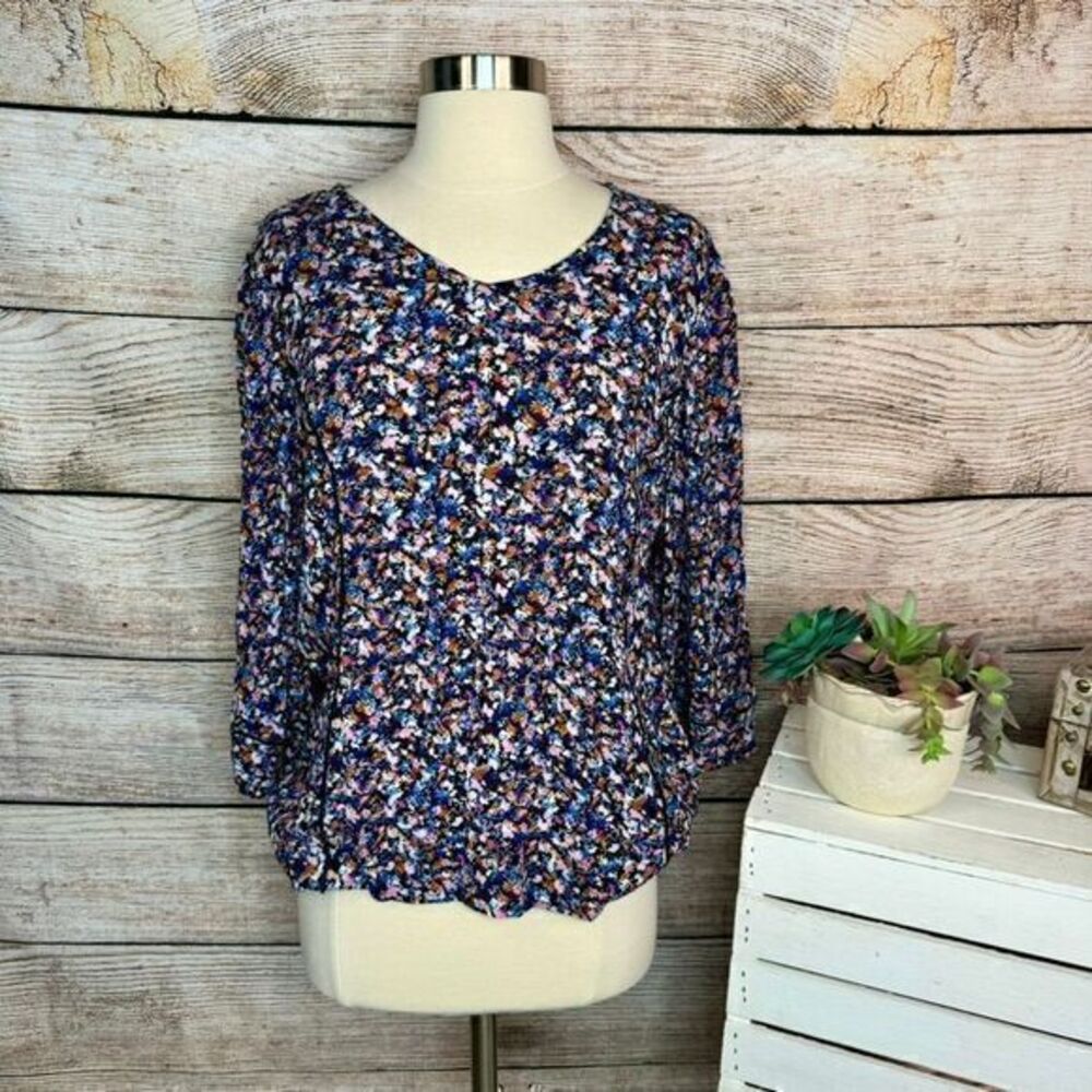 J Jill Floral Print V-Neck Blouse Long Sleeve Multicolor Size Small Petite